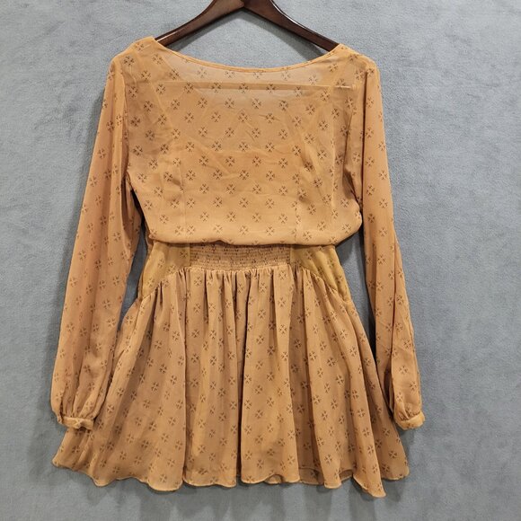 Free People Mini Dress Women's Size Medium Baby Dee Gold Chiffon Boho Hippie‎ - Picture 2 of 6
